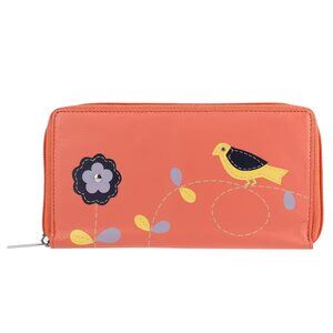 Peach Color Floral Pattern 100% Genuine Leather RFID Protected Applique Women's